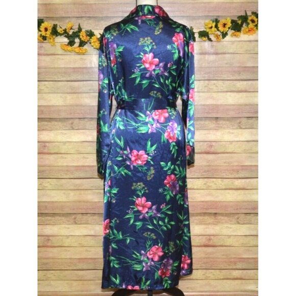Go Softly Silky Blue Floral Long Maxi Robe Belted Ladies M Lounge Vacation - Picture 7 of 10